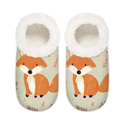 Mexpekil Süße Cartoon-Fuchsmuster, Damen-Hausschuhe, flauschige Hausschuhe, rutschfeste Schuhe für Damen, Herren, Niedliches Cartoon-Fuchsmuster, XX-Large Breit von Mexpekil