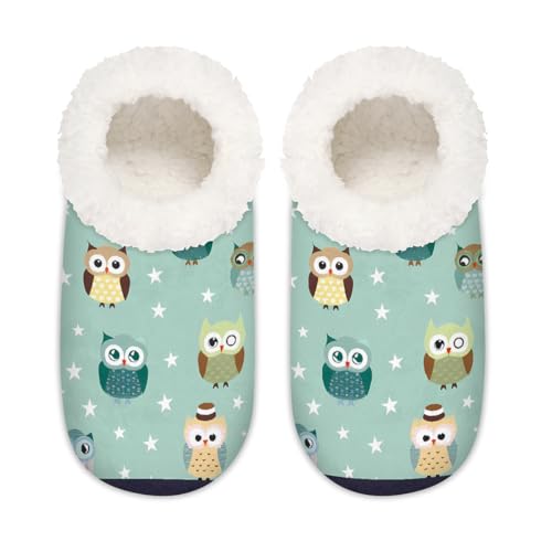 Mexpekil Süße Eulen-Hausschuhe mit Sternenmuster, flauschige Hausschuhe, rutschfeste Schuhe für Damen, Herren, Niedliches Eulen- und Sternenmuster, XX-Large Breit von Mexpekil