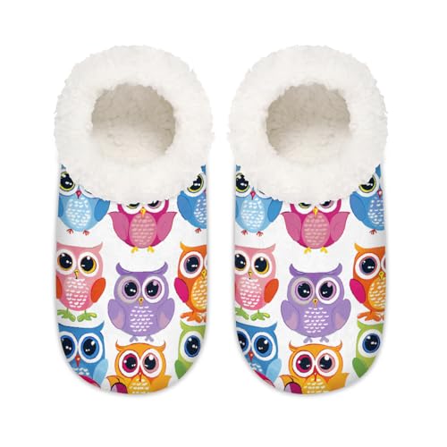 Mexpekil Süße bunte Eule Vogel Damen-Hausschuhe, flauschige Hausschuhe, rutschfeste Schuhe für Damen, Herren, Niedlicher bunter Eulen-Vogel, Large X-Large von Mexpekil