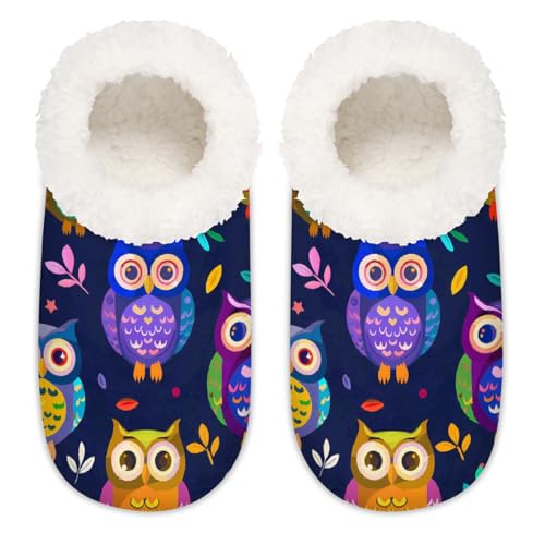 Mexpekil Süße farbige Vogel Eule Blätter Damen Hausschuhe Fuzzy House Slipper rutschfeste Schuhe für Damen Herren Damen, Niedliche farbige Vogel-Eulenblätter, Large von Mexpekil
