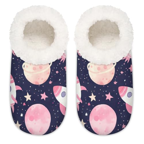Mexpekil Süße rosa Raketen Planeten Damen Hausschuhe Fuzzy House Slipper rutschfeste Schuhe für Damen Herren Damen, Niedliche rosa Raketen Planeten, Large X-Large von Mexpekil
