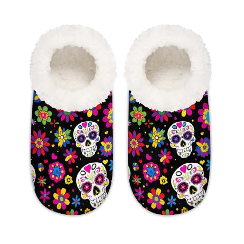 Mexpekil Sugar Skull Flower Pattern Damen-Hausschuhe, flauschige Hausschuhe, rutschfeste Schuhe für Damen, Herren, Totenkopf-Blumenmuster, Medium Breit von Mexpekil