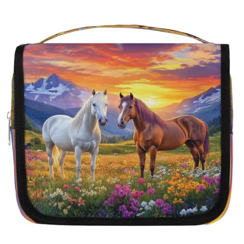 Mexpekil Sunset Moutain Horse Flower Kulturbeutel für Damen Herren Damen, wasserdichte hängende Reise-Kulturbeutel mit Haken, Kosmetik-Make-up-Tasche Organizer von Mexpekil