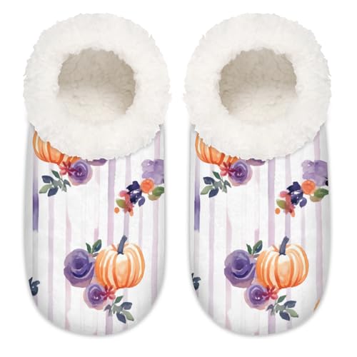 Mexpekil Thanksgiving Pumpkin Purple Flower Damen Hausschuhe Fuzzy House Slipper rutschfeste Schuhe für Damen Herren Damen, Thanksgiving-Kürbis, lila Blume, Medium Breit von Mexpekil