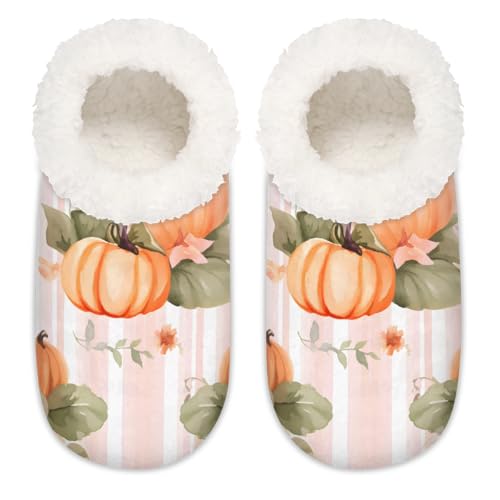 Mexpekil Thanksgivng Kürbisse Blumenstreifen Damen Hausschuhe Fuzzy House Slipper rutschfeste Schuhe für Damen Herren Damen, Thanksgivng Kürbisse, Blumenstreifen, XX-Large Breit von Mexpekil