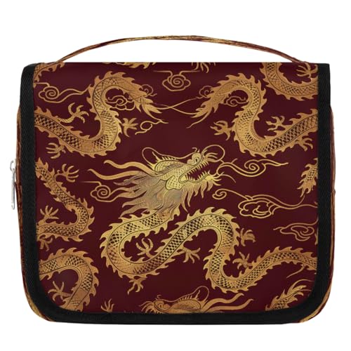 Mexpekil Troditional Kulturbeutel mit chinesischem Tierdrachen für Damen, Herren, Damen, wasserdicht, hängende Reise-Kulturbeutel mit Haken, Kosmetik-Make-up-Tasche Organizer von Mexpekil