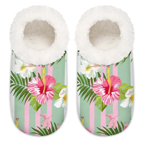 Mexpekil Tropische Blumen Palmenblätter Streifen Damen Hausschuhe Fuzzy House Slipper rutschfeste Schuhe für Damen Herren Damen, Tropische Blumen Palmenblätter Streifen, Large X-Large von Mexpekil