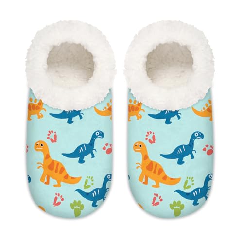Mexpekil Tropischer Dinosaurier-Dino-Pfoten-Druck, Damen-Hausschuhe, flauschige Hausschuhe, rutschfeste Schuhe für Damen, Herren, Tropischer Dinosaurier Dino Pfotenabdruck, Medium Breit von Mexpekil