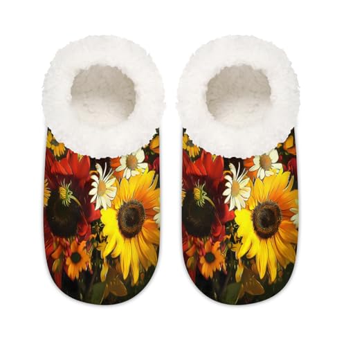 Mexpekil Vintage Sunflower Daisy Floral Damen Hausschuhe Fuzzy House Slipper rutschfeste Schuhe für Damen Herren Damen, Vintage-Sonnenblumen-Gänseblümchen, Large X-Large von Mexpekil