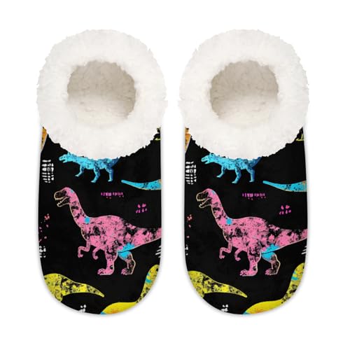Mexpekil Vintage Tropical Dinosaurier Dino Damen Hausschuhe Fuzzy House Slipper rutschfeste Schuhe für Damen Herren Damen, Tropischer Dinosaurier-Dino, Large von Mexpekil