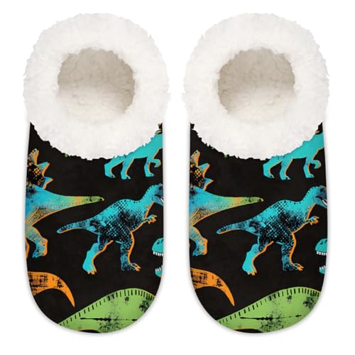 Mexpekil Vintage Tropische Tier-Dinosaurier-Damen-Hausschuhe, flauschige Hausschuhe, rutschfeste Schuhe für Damen, Herren, Tropische Tier-Dinosaurier im Vintage-Stil, Large X-Large von Mexpekil