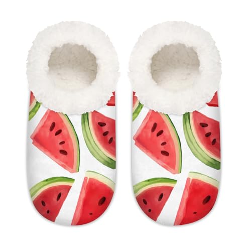 Mexpekil Wasserfarben-Frucht-Wassermelonen-Druck, flauschige Hausschuhe, rutschfeste Schuhe für Damen, Herren und Damen, Wasserfarben-Druck mit Früchten, Wassermelonen, Medium Breit von Mexpekil
