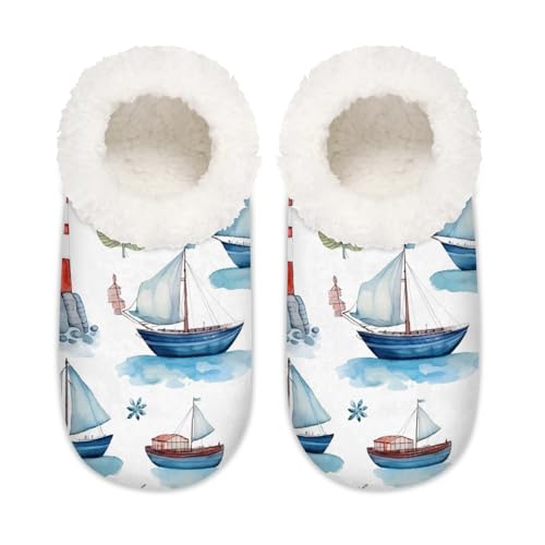 Mexpekil Waterclor Ship Lighthouse Damen-Hausschuhe, flauschige Hausschuhe, rutschfeste Schuhe für Damen, Herren, Waterclor Ship Lighthouse, XX-Large Breit von Mexpekil