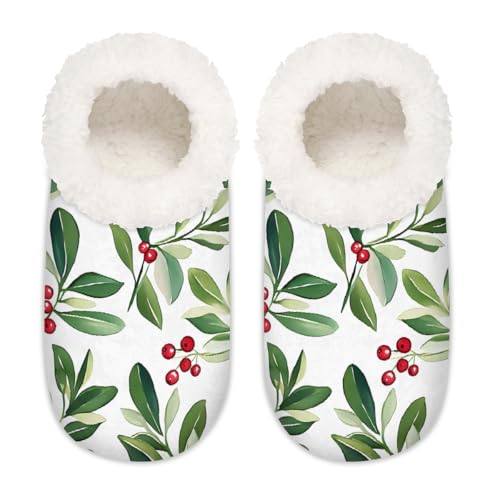 Mexpekil Watercolor Weihnachten Mistelzweig Stechpalmenblatt Damen Hausschuhe Fuzzy House Slipper rutschfeste Schuhe für Damen Herren Damen, Aquarell Weihnachten Mistelzweig Stechpalmenblatt, Medium von Mexpekil