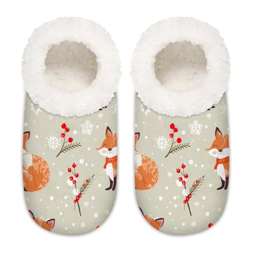 Mexpekil Weihnachts-Slipper für Damen, mit roten Früchten, Fuchs, flauschige Hausschuhe, rutschfeste Schuhe für Damen und Herren, Christmas Snow Red Fruit Fox, XX-Large Breit von Mexpekil