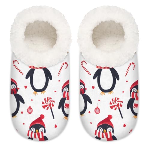 Mexpekil Weihnachts-Slipper mit Zuckerstangen-Pinguin-Motiv, flauschige Hausschuhe, rutschfeste Schuhe für Damen, Herren, Weihnachtlicher Zuckerstangen-Pinguin, XX-Large Breit von Mexpekil