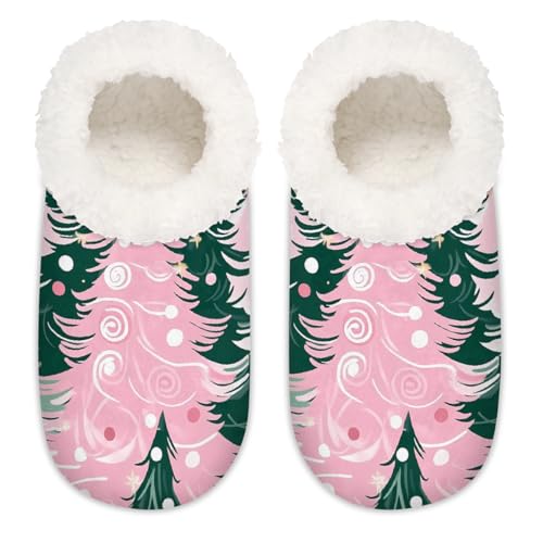 Mexpekil Winter Pink Green Xmas Tree Damen Hausschuhe Fuzzy House Slipper rutschfeste Schuhe für Damen Herren Damen, Winter-Weihnachtsbaum, Medium Breit von Mexpekil