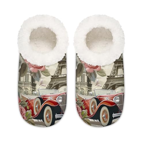 Paris Vintage Flower House Hausschuhe für Damen Herren Eiffelturm Auto Memory Foam Hausschuhe Socken, multi, 37.5/38.5 EU Weit von Mexpekil