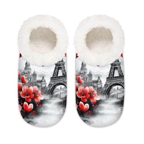 Red Love Heart Paris Eiffelturm Hausschuhe für Damen und Herren, Memory-Schaum, Hausschuhe, Hausschuhe, Socken, multi, 37.5/38.5 EU Weit von Mexpekil