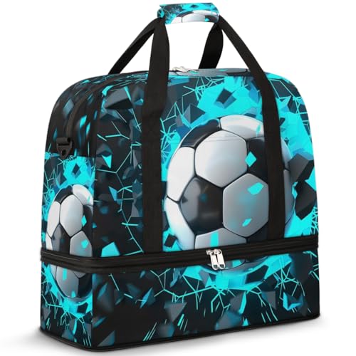 Reisetasche mit Schuhfach und Trolleyhülle, 3D-Fußballdruck, Sporttasche, faltbar, Wochenendtasche für Damen und Herren, Schwarz von Mexpekil