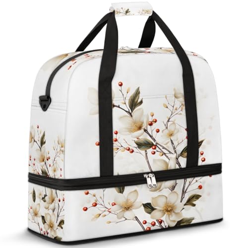 Reisetasche mit Schuhfach und Trolleyhülle, Aquarell, Apfelblume, Sporttasche, faltbar, Wochenendtasche für Damen und Herren, Schwarz von Mexpekil