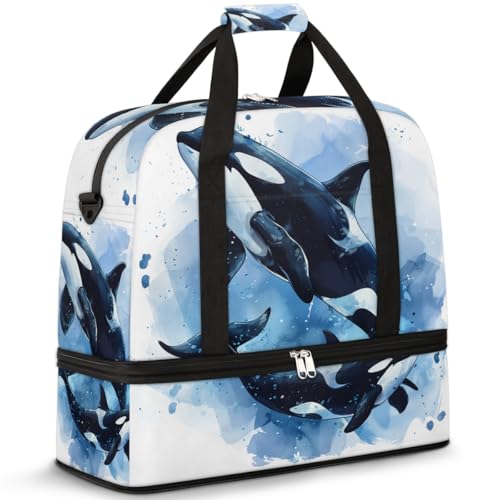 Reisetasche mit Schuhfach und Trolleyhülle, Aquarell-Killer-Wal-Sporttasche, faltbar, Wochenendtasche für Damen und Herren, Schwarz von Mexpekil