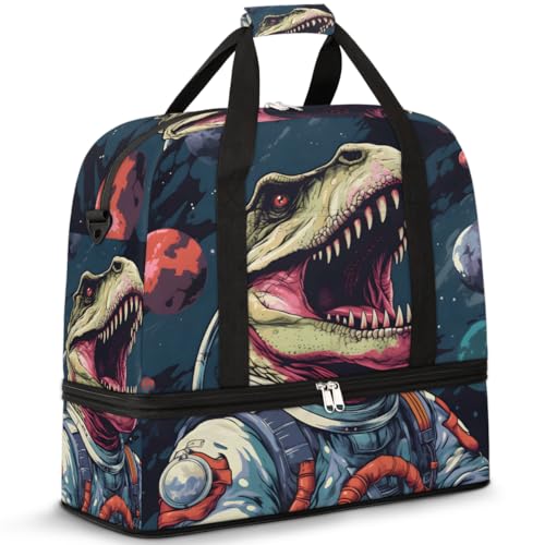 Reisetasche mit Schuhfach und Trolleyhülle, Dinosaurier-Astronauten-Sporttasche, faltbar, Wochenendtasche für Damen und Herren, Schwarz von Mexpekil