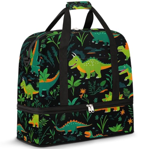 Reisetasche mit Schuhfach und Trolleyhülle, Dschungel-Cartoon-Dinosaurier-Sporttasche, faltbar, Wochenendtasche für Damen und Herren, Schwarz von Mexpekil