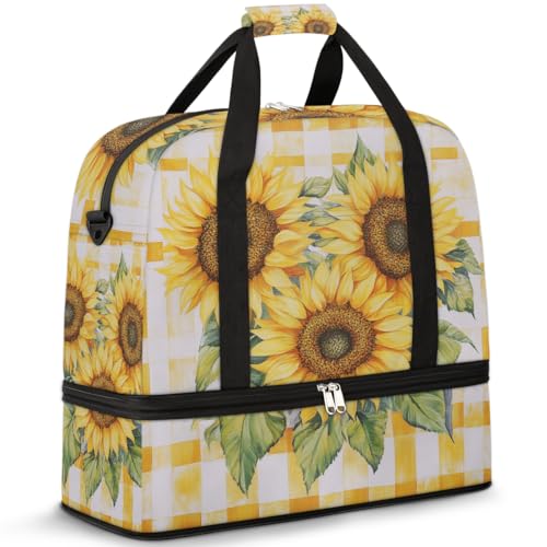 Reisetasche mit Schuhfach und Trolleyhülle, Gelb kariert, Sonnenblumen-Sporttasche, faltbar, Wochenendtasche für Damen und Herren, Schwarz von Mexpekil