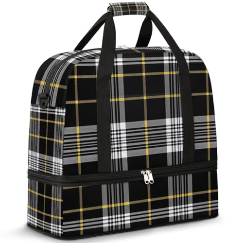 Reisetasche mit Schuhfach und Trolleyhülle, Schwarz / Gelb, quadratisch, Sporttasche, faltbar, Wochenendtasche für Damen und Herren, Schwarz von Mexpekil