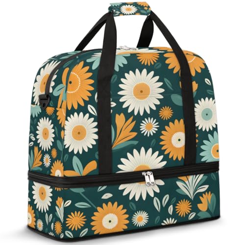 Reisetasche mit Schuhfach und Trolleyhülle, Sonnenblumenblatt-Muster, Sporttasche, faltbar, Wochenendtasche für Damen und Herren, Schwarz von Mexpekil