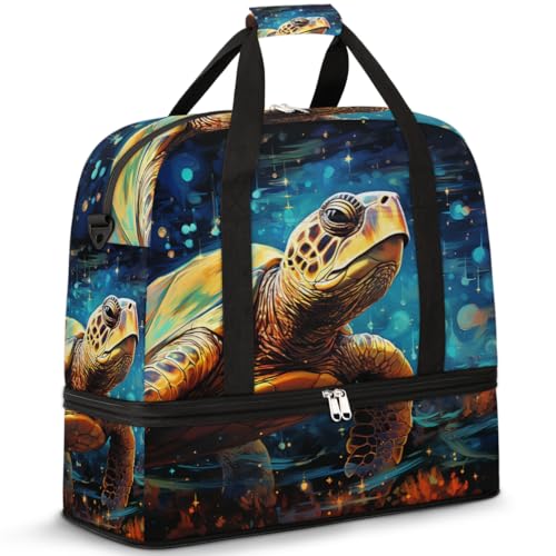 Reisetasche mit Schuhfach und Trolleyhülle, Sternenhimmel, Schildkröte, Sporttasche, faltbar, Wochenendtasche für Damen und Herren, Schwarz von Mexpekil