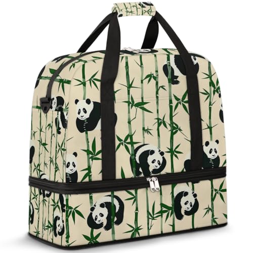 Reisetasche mit Schuhfach und Trolleyhülle, Tinten-Panda, Bambus, Sporttasche, faltbar, Wochenendtasche für Damen und Herren, Schwarz von Mexpekil