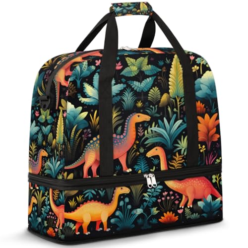 Reisetasche mit Schuhfach und Trolleyhülle, farbiger Dinosaurier-Dschungel, Sport, Turnbeutel, faltbar, Wochenendtasche für Damen und Herren, Schwarz von Mexpekil