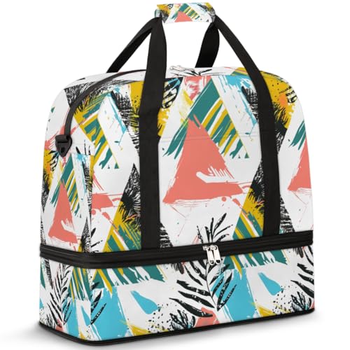 Reisetasche mit Schuhfach und Trolleyhülle, geometrischer Blattdruck, Sporttasche, faltbar, Wochenendtasche für Damen und Herren, Schwarz von Mexpekil