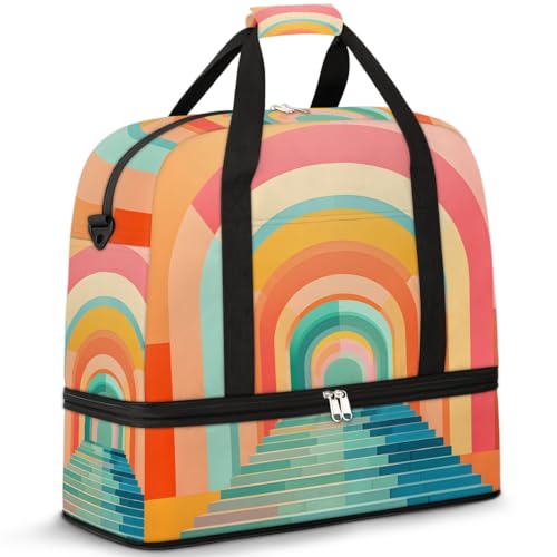 Reisetasche mit Schuhfach und Trolleyhülle, geometrischer Regenbogenbogen, Sporttasche, faltbar, Wochenendtasche für Damen und Herren, Schwarz von Mexpekil