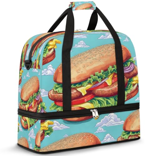 Reisetasche mit Schuhfach und Trolleyhülle, köstlicher Burger-Druck, Sporttasche, faltbar, Wochenendtasche für Damen und Herren, Schwarz von Mexpekil
