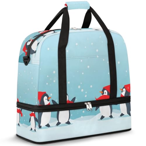 Reisetasche mit Schuhfach und Trolleyhülle, roter Schal, Cartoon-Pinguinc, Sport, Turnbeutel, faltbar, Wochenendtasche für Damen und Herren, Schwarz von Mexpekil
