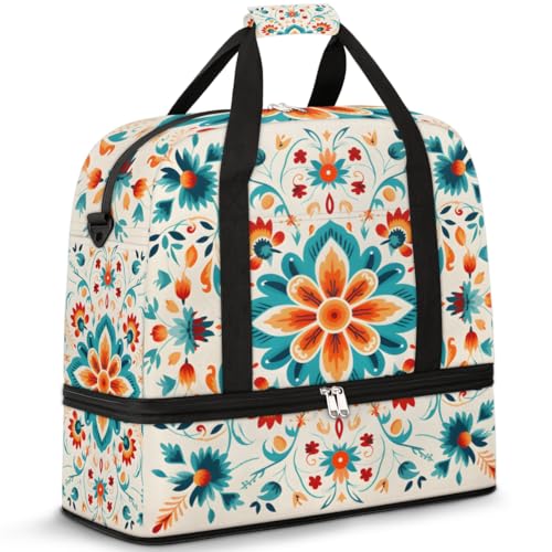 Reisetasche mit Schuhfach und Trolleyhülle, symmetrisches Blumenmuster, Sporttasche, faltbar, Wochenendtasche für Damen und Herren, Schwarz von Mexpekil