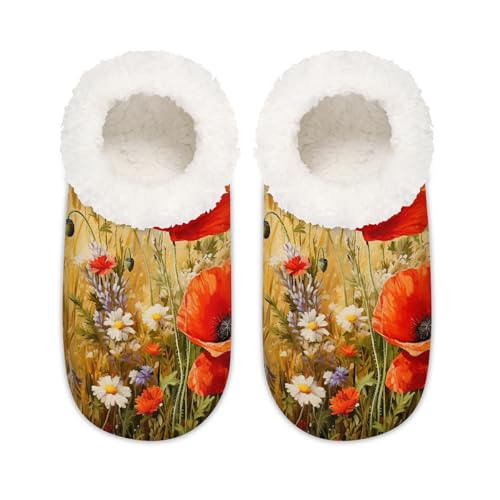 Retro-Hausschuhe mit Mohnblumen-Motiv, für Damen und Herren, Kunstmohnblumen, Memory-Schaum, rutschfeste Hausschuh-Socken, multi, 37.5/38.5 EU Weit von Mexpekil