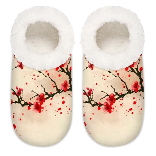 Rote Kirschblüten-Hausschuhe für Damen und Herren, japanisches Blumenmuster, Memory-Schaum, Hausschuhe, Hausschuhe, Socken, multi, 37.5/38.5 EU Weit von Mexpekil