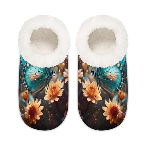 Schöne Hausschuhe mit Schmetterlings-Blumen für Damen und Herren, Memory-Schaum, rutschfeste Hausschuh-Socken, multi, 37.5/38.5 EU Weit von Mexpekil