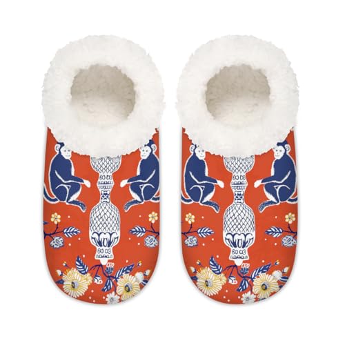 Vintage Chinoiserie Affe Blume Haus Hausschuhe für Damen Herren Memory Foam Haus Schuhe Slipper Socken, multi, 6/6.5 UK Wide von Mexpekil