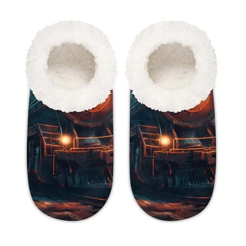 Vintage Lokomotive Zug Haus Hausschuhe für Damen Herren Memory Foam Hausschuhe Anti-Rutsch Slipper Socken, multi, 6/6.5 UK Wide von Mexpekil