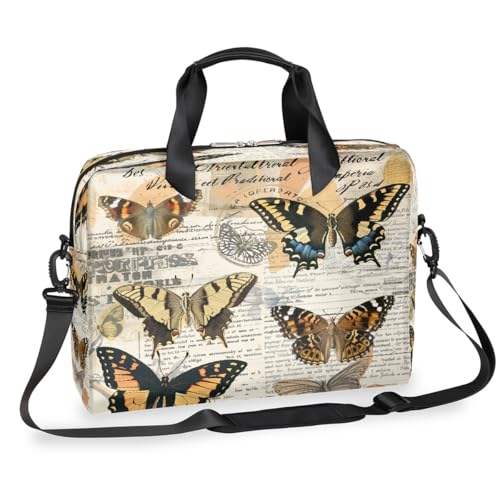 Vintage Retro Blume Schmetterling Zeitung Laptop Aktentasche für Männer Frauen 15,7 Zoll Business Computer Tasche mit abnehmbarem Schultergurt Laptoptasche Sleeve Messenger Aktentasche von Mexpekil