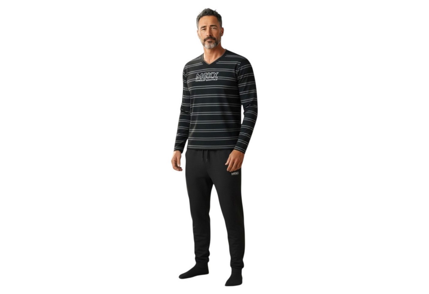Mexx Pyjama Herren Pyjamaset Schlafanzug V-Ausschnitt LOGO Nachtwäsche Schwarz (2 tlg) von Mexx