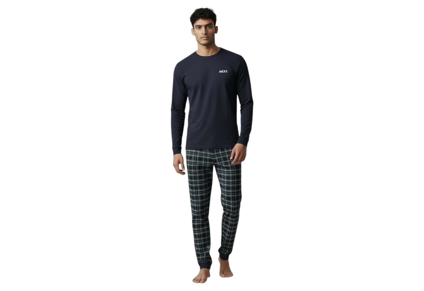 Mexx Schlafanzug Herren Pyjama Schlafanzug SET Langarm Nachtwäsche Navy/Karriert (2 tlg) mit Markenlabel von Mexx