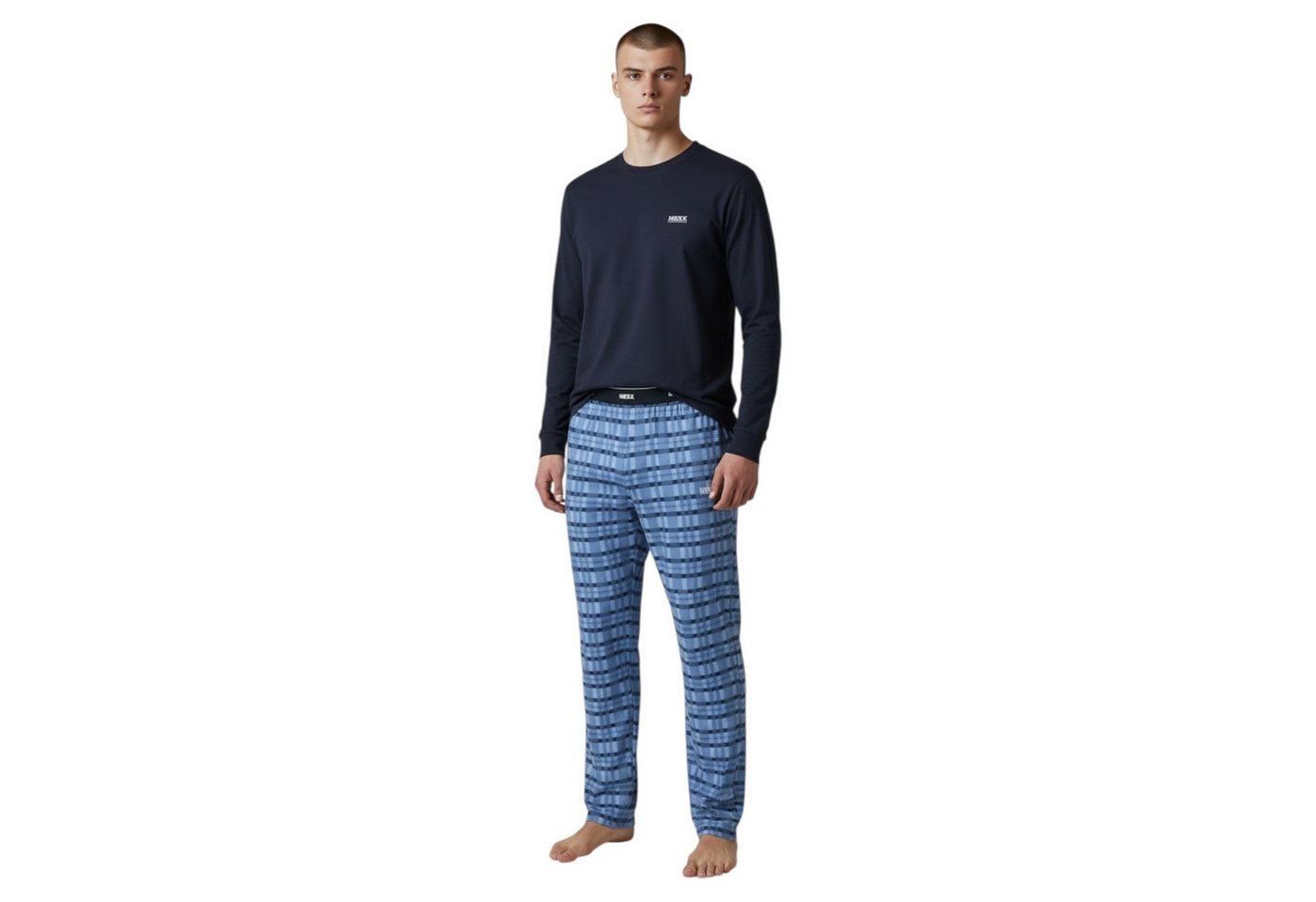 Mexx Schlafanzug Herren Pyjama Schlafanzug SET Langarm Rundhals Nachtwäsche Navy/Blau (Packung) mit Markenlabel von Mexx