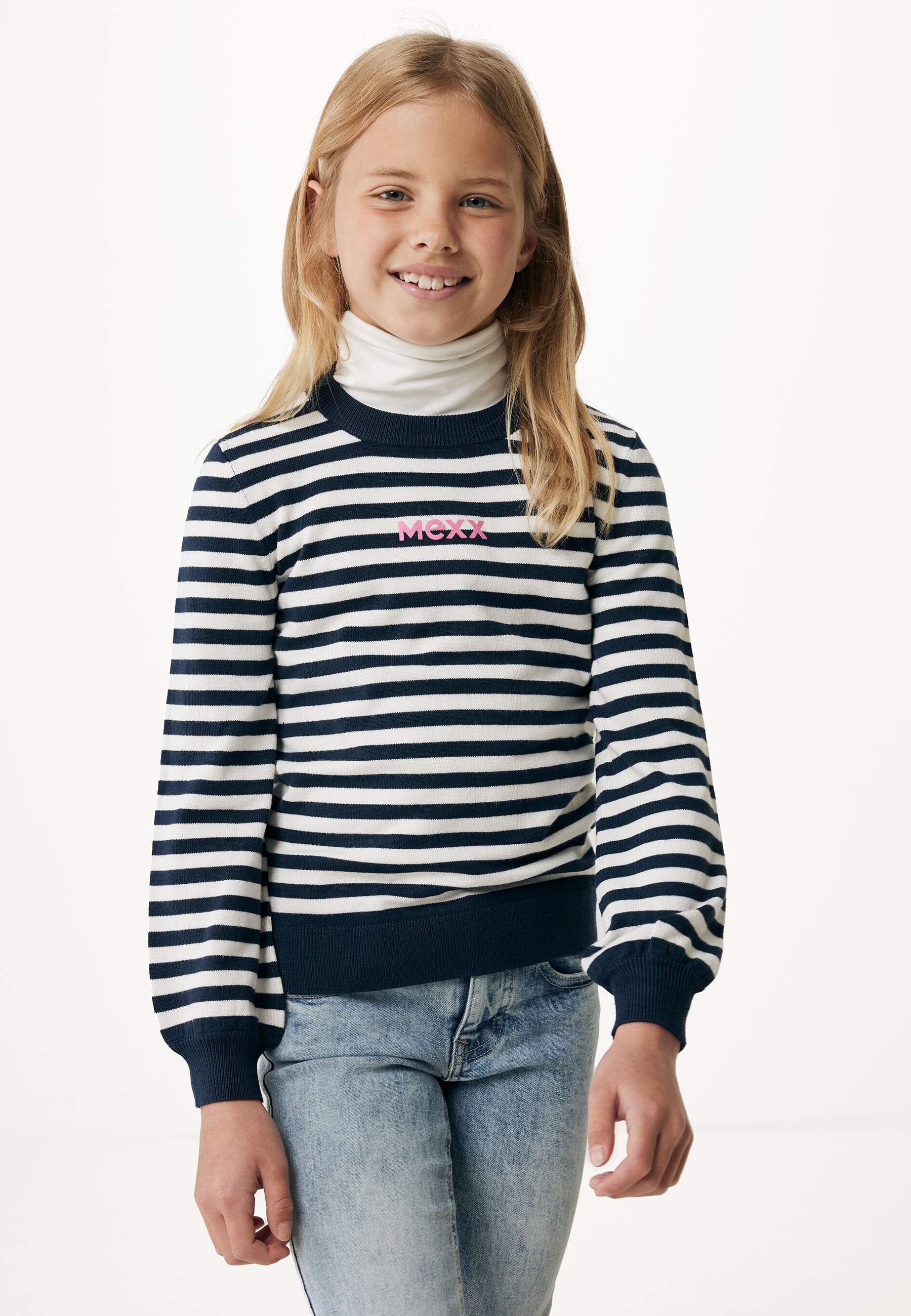 Striped Balloon Sleeved Pullover Navy von Mexx