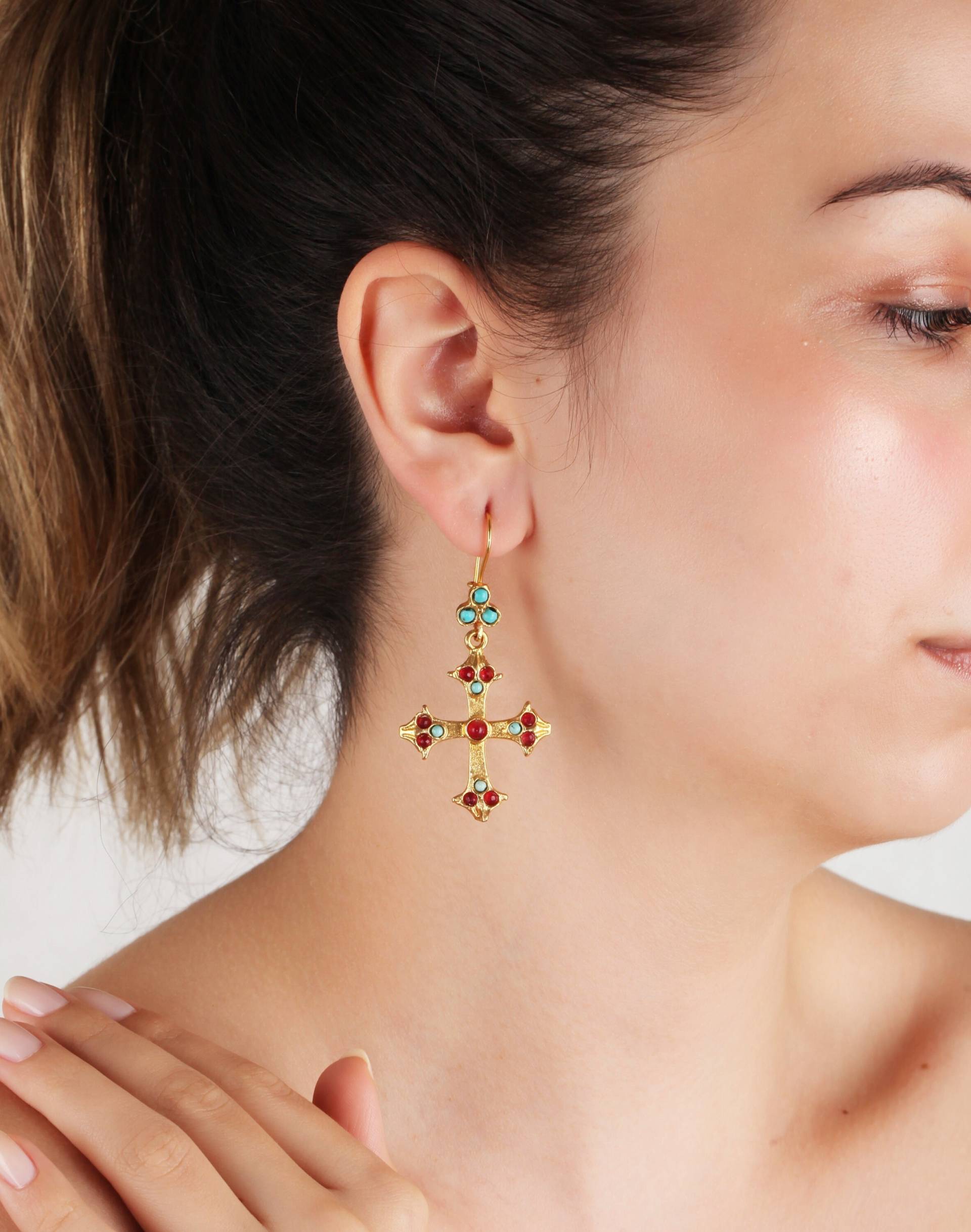 Gold Kreuz Ohrringe Handgemachter Edelstein Schmuck von MeyArtDesign